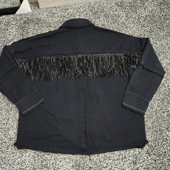 Western Black Button Up Long Sleeve RawHem Rhinestone Fringe Nashville Cezele S - Picture 9 of 9